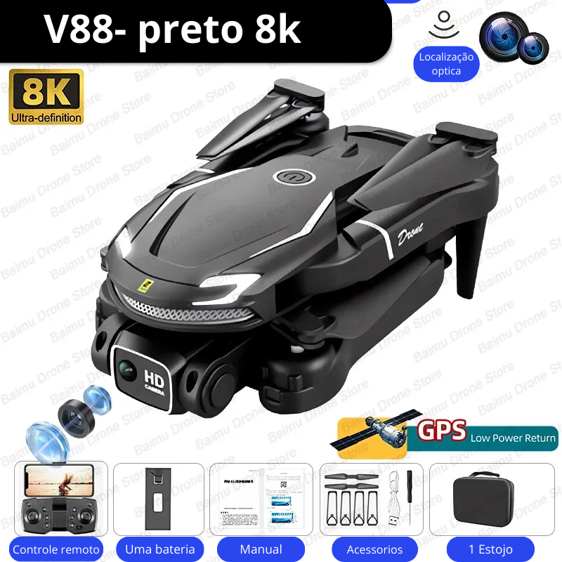 Novo drone sem escova v888 8k profissional hd câmera tripla para evitar obstáculos sem gps posicionamento de fluxo óptico rc quadcopter brinquedos