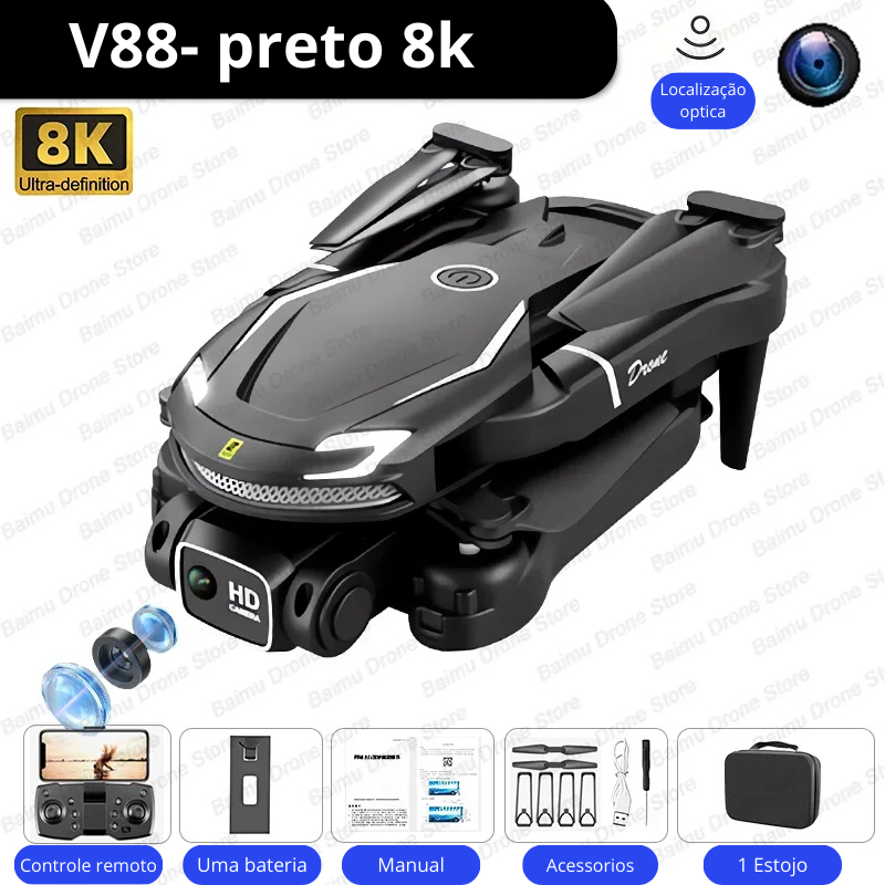 Novo drone sem escova v888 8k profissional hd câmera tripla para evitar obstáculos sem gps posicionamento de fluxo óptico rc quadcopter brinquedos