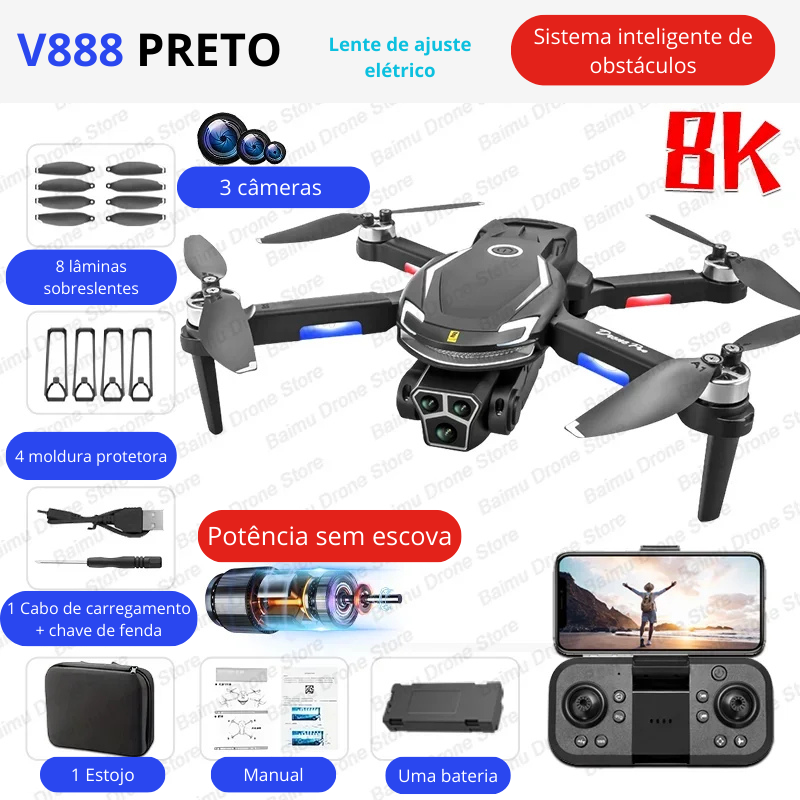 Novo drone sem escova v888 8k profissional hd câmera tripla para evitar obstáculos sem gps posicionamento de fluxo óptico rc quadcopter brinquedos