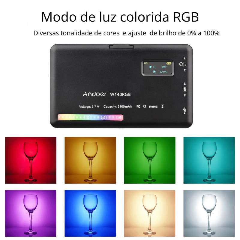 Andoer W140 RGB LED Video Light 2500-9000K luz de preenchimento de fotografia