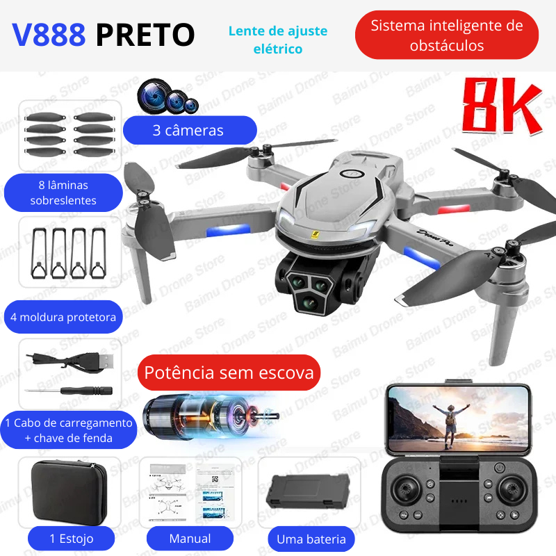 Novo drone sem escova v888 8k profissional hd câmera tripla para evitar obstáculos sem gps posicionamento de fluxo óptico rc quadcopter brinquedos