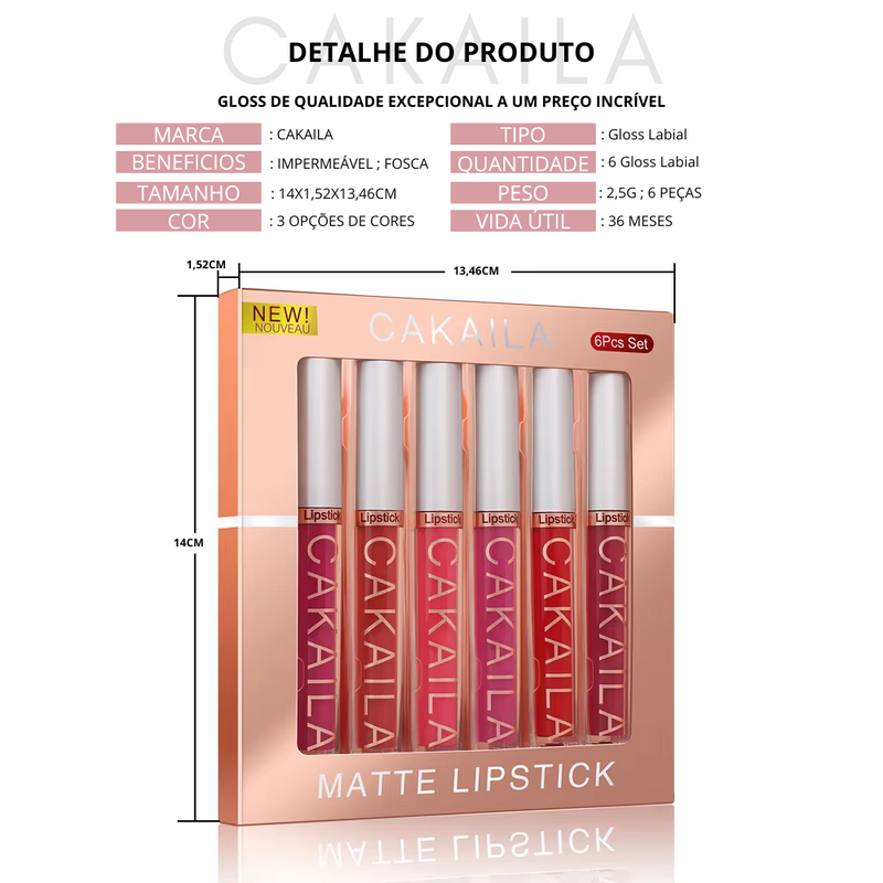 Gloss Labial Hidratante CAKAILA, à Prova d'Água e de Longa Duração - 6 Peças