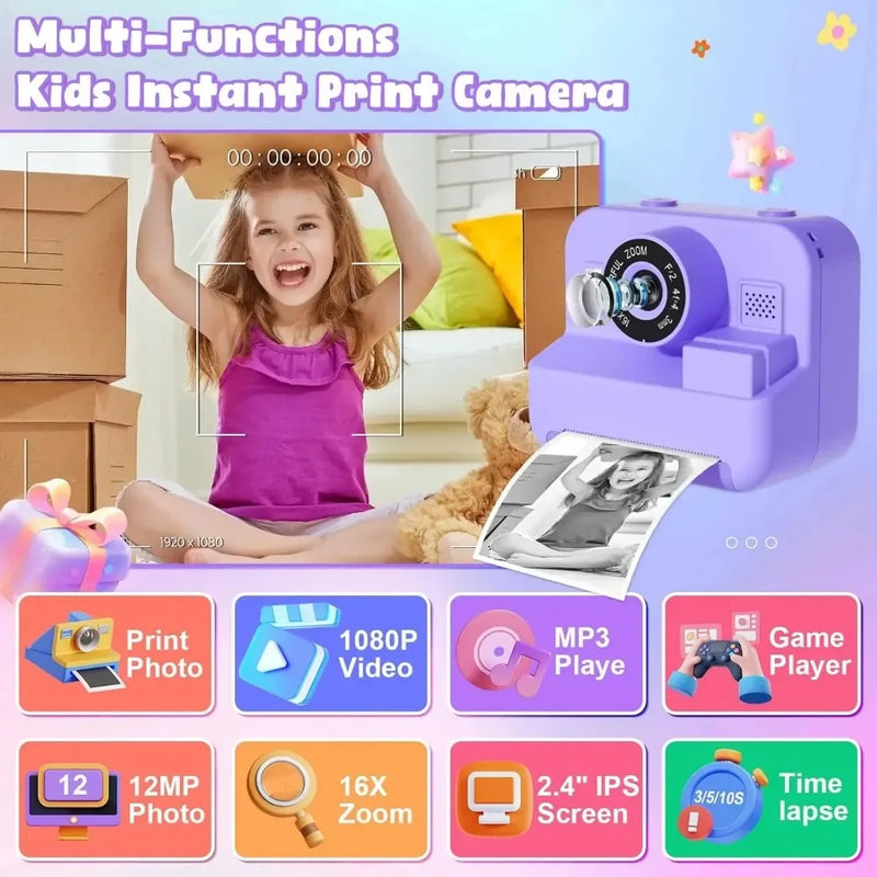 Minicâmera de vídeo digital infantil com impressão térmica e estabilização múltipla de imagem, cartão de 32 GB incluído