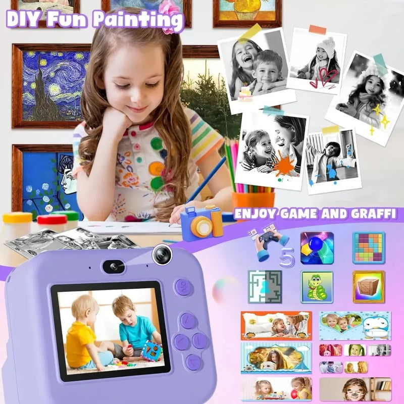 Minicâmera de vídeo digital infantil com impressão térmica e estabilização múltipla de imagem, cartão de 32 GB incluído