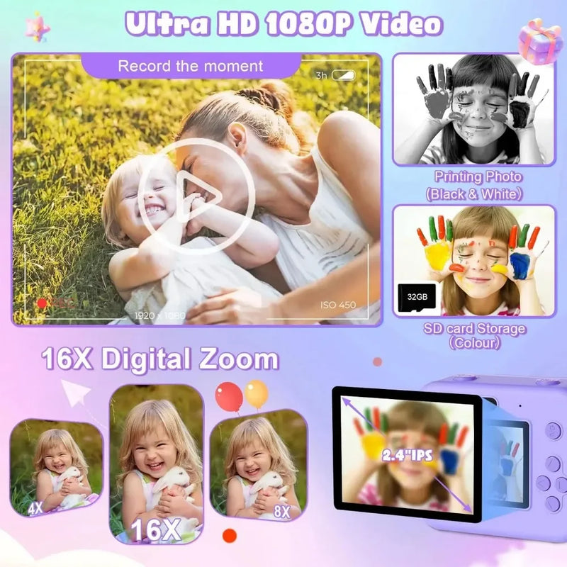 Minicâmera de vídeo digital infantil com impressão térmica e estabilização múltipla de imagem, cartão de 32 GB incluído