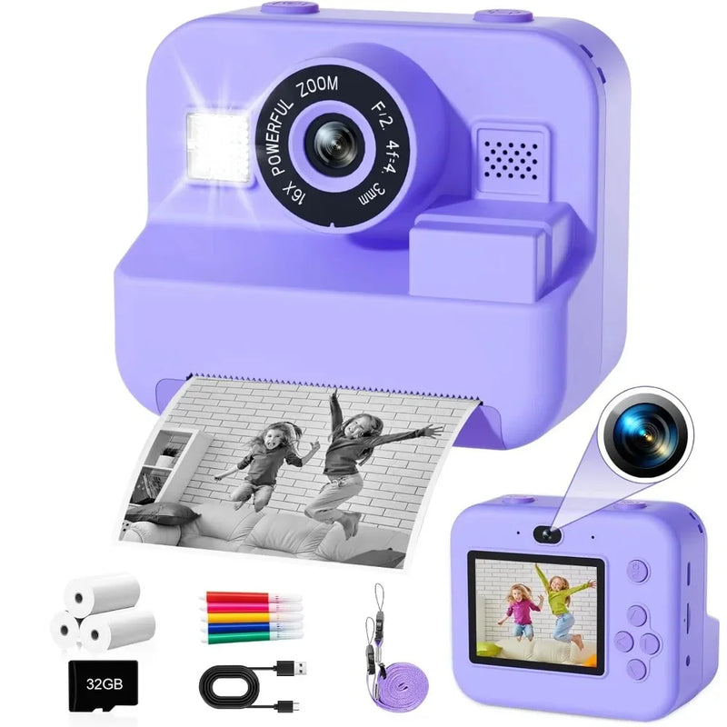 Minicâmera de vídeo digital infantil com impressão térmica e estabilização múltipla de imagem, cartão de 32 GB incluído